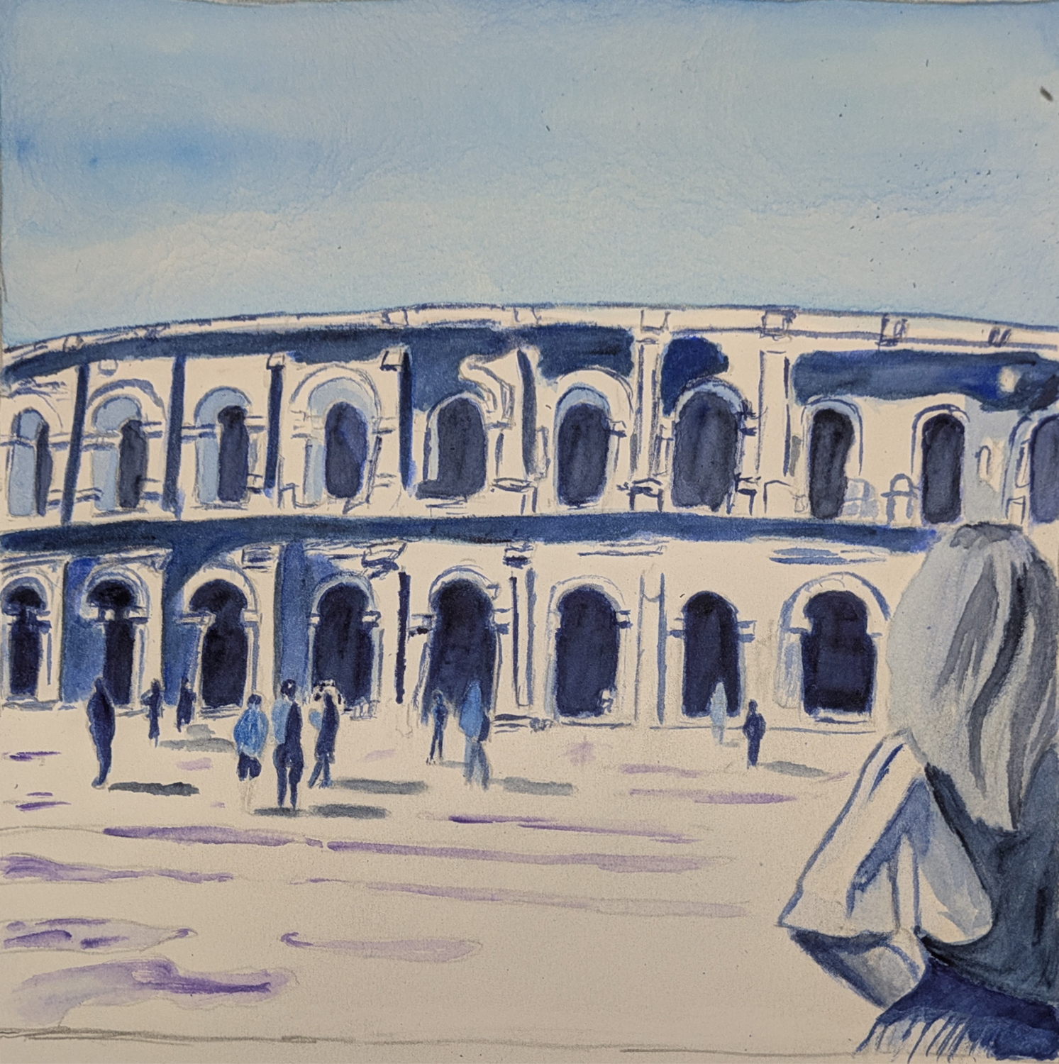 Murmure du monde, bleu méditerranée-flânerie urbaine arêne, titre : Un après-midi d'été à Nîmes